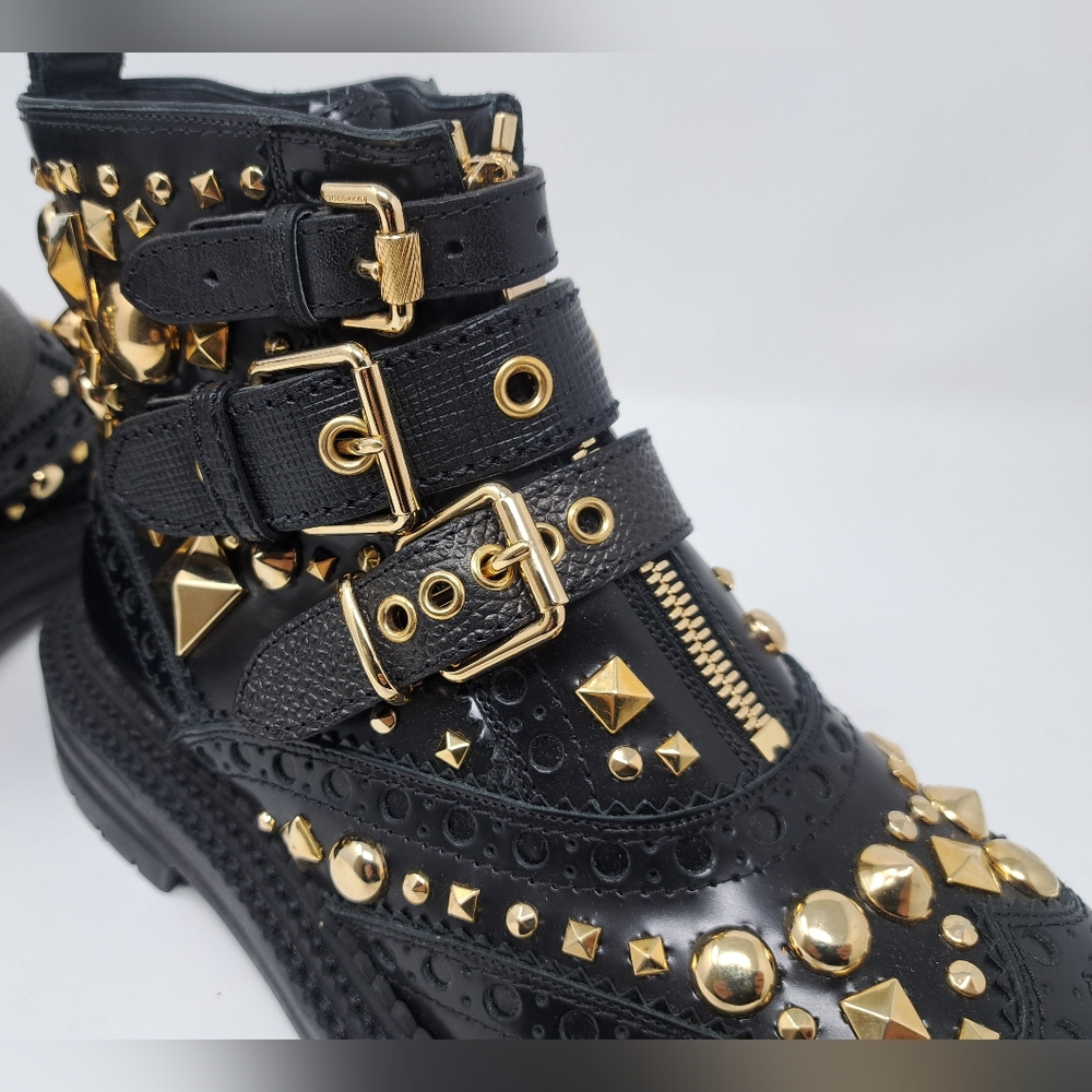 Burberry Everdon Leather Biker Boots Combat Ankle Buckle Gold Studs 10 US 40 EU - Picture 7 of 12
